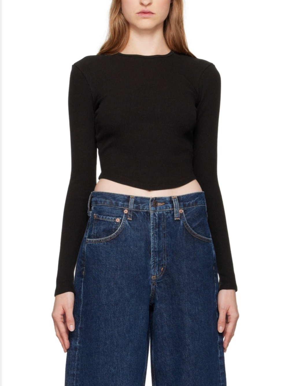 Agolde Black Ribbed Long-Sleeve Cropped Top